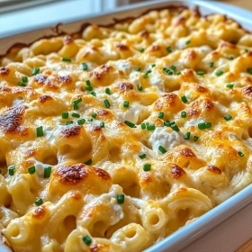 Close-up of Creamy High-Protein Mac Cheese showing texture, layers, and glossy finish