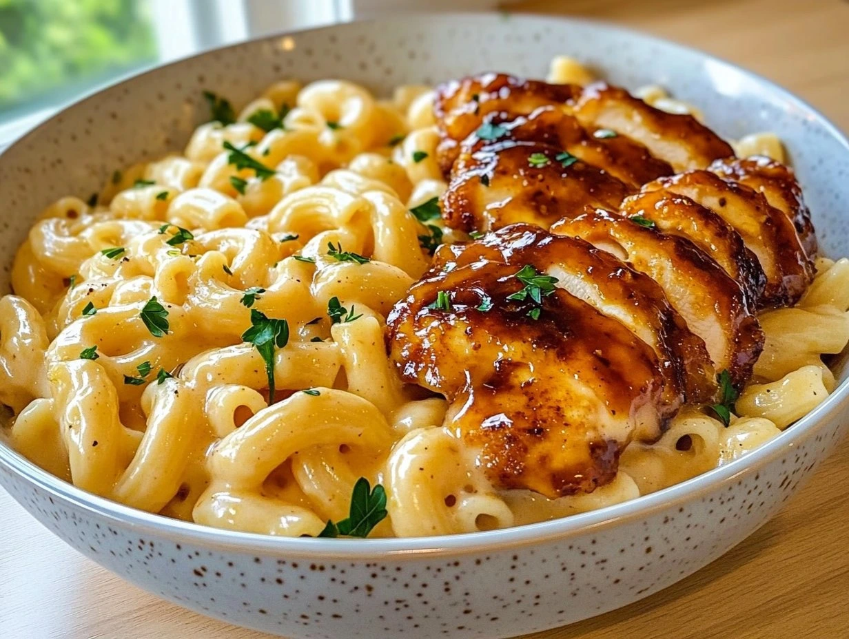 Perfectly cooked Honey Garlic Butter Chicken Mac served and ready to eat - final result