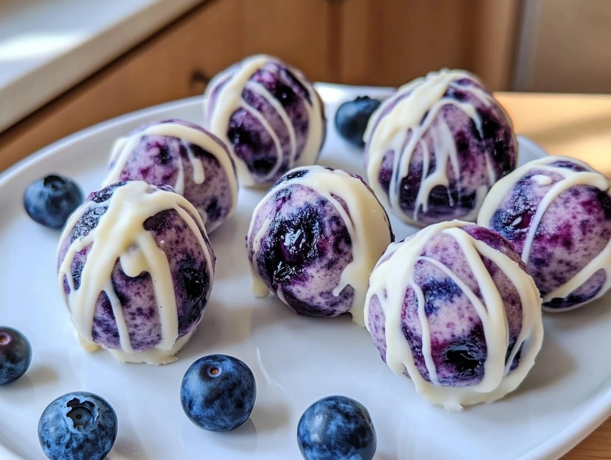 Perfectly cooked Blueberry Cheesecake Protein Bites served and ready to eat - final result