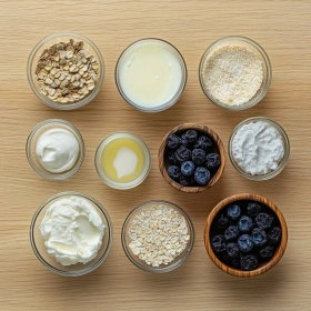 Step-by-step preparation of Blueberry Cheesecake Protein Bites showing ingredients and initial cooking steps