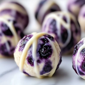 Close-up of Blueberry Cheesecake Protein Bites showing texture, layers, and glossy finish