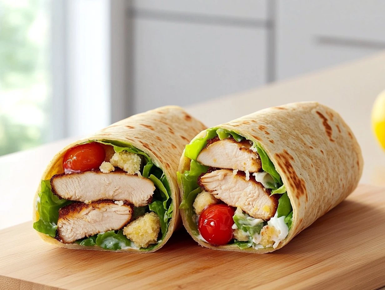 Perfectly cooked Healthy Chicken Caesar Wrap served and ready to eat - final result