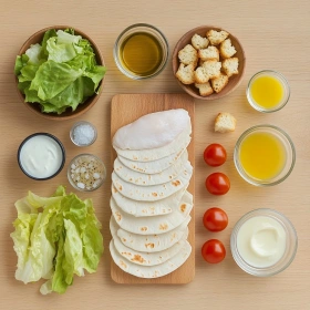 Step-by-step preparation of Healthy Chicken Caesar Wrap showing ingredients and initial cooking steps
