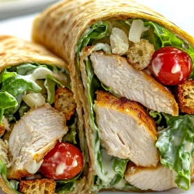 Close-up of Healthy Chicken Caesar Wrap showing texture, layers, and glossy finish