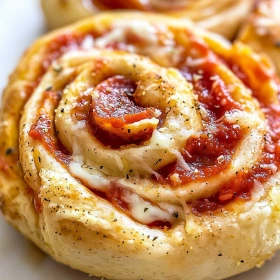 Close-up of High Protein Pepperoni Pizza Rolls showing texture, layers, and glossy finish