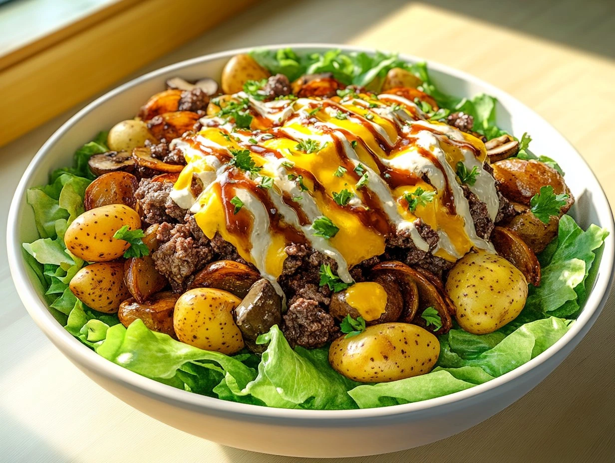 Perfectly cooked Loaded Smash Burger Bowl served and ready to eat - final result