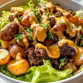 Close-up of Loaded Smash Burger Bowl showing texture, layers, and glossy finish