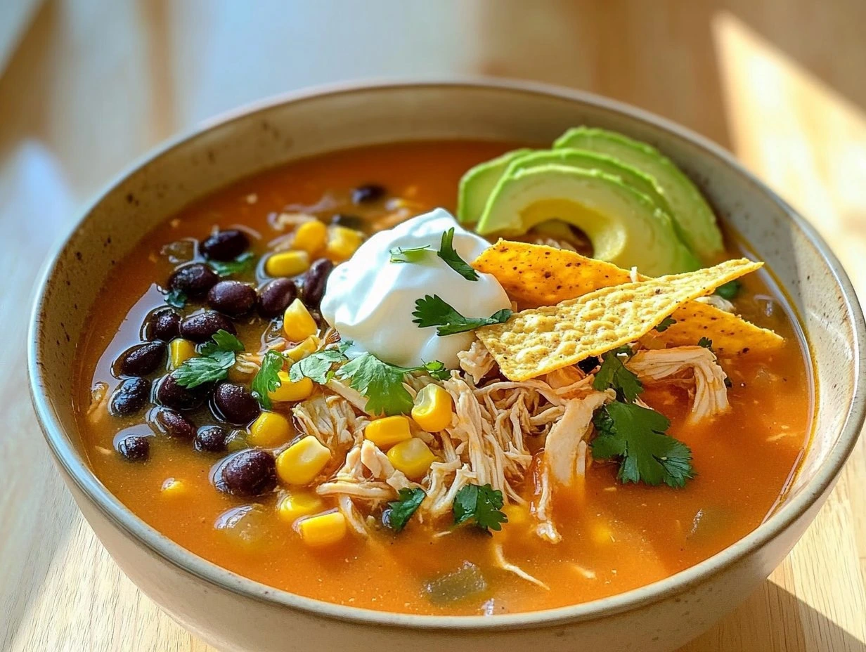 Perfectly cooked Classic Chicken Tortilla Soup served and ready to eat - final result