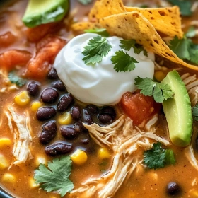 Close-up of Classic Chicken Tortilla Soup showing texture, layers, and glossy finish