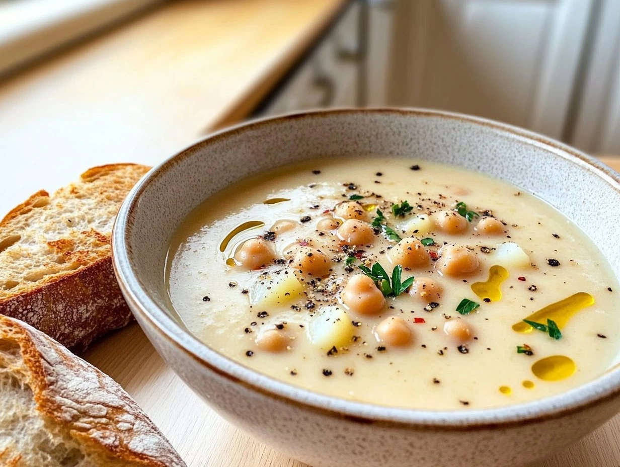 Perfectly cooked Creamy Garlic Chickpea Soup served and ready to eat - final result