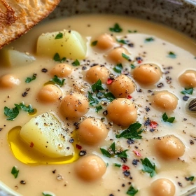 Close-up of Creamy Garlic Chickpea Soup showing texture, layers, and glossy finish