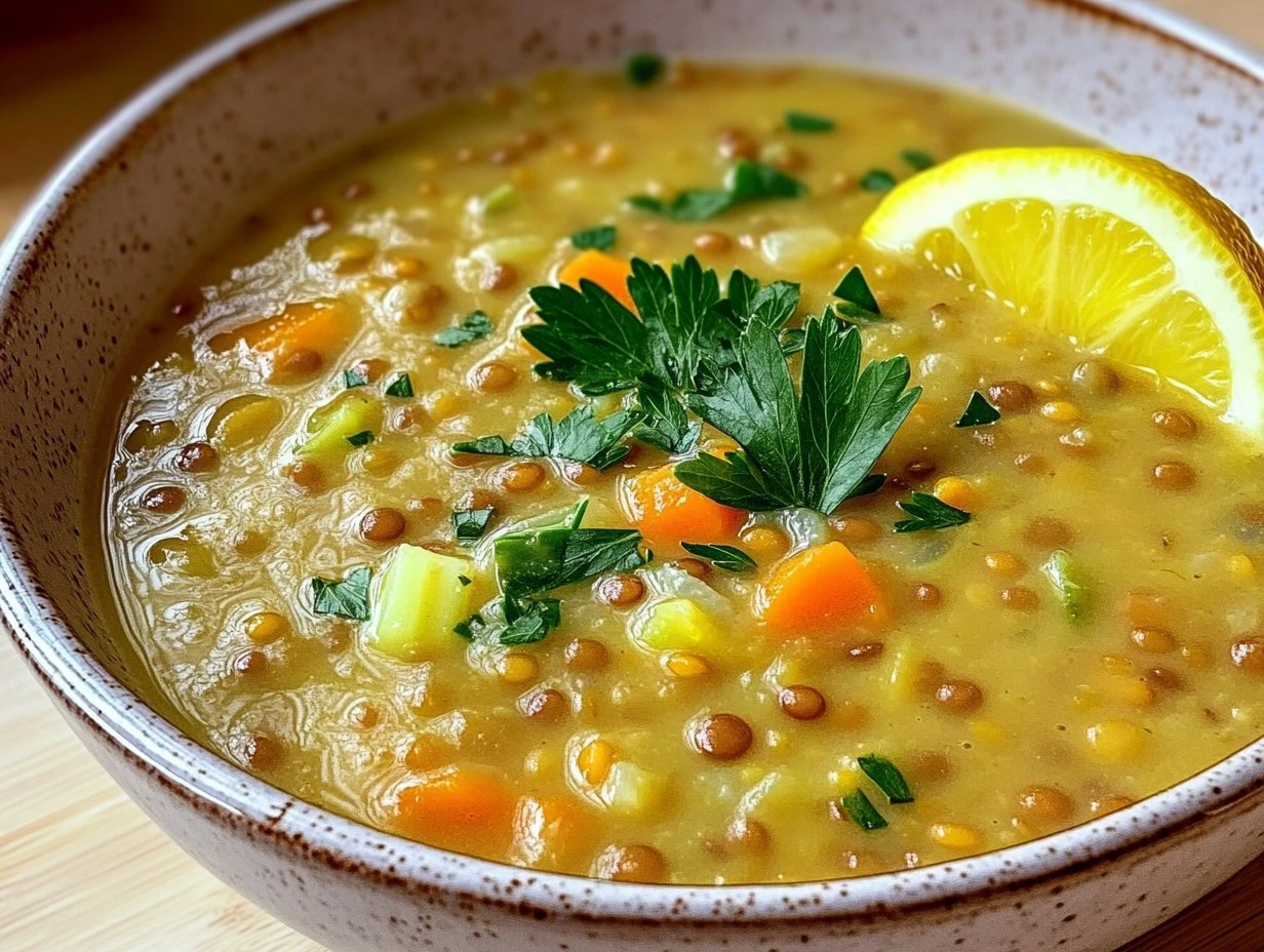 Perfectly cooked Creamy Lemon Lentil Soup served and ready to eat - final result