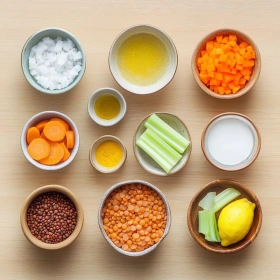 Step-by-step preparation of Creamy Lemon Lentil Soup showing ingredients and initial cooking steps