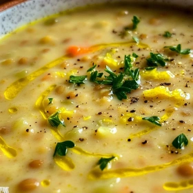 Close-up of Creamy Lemon Lentil Soup showing texture, layers, and glossy finish