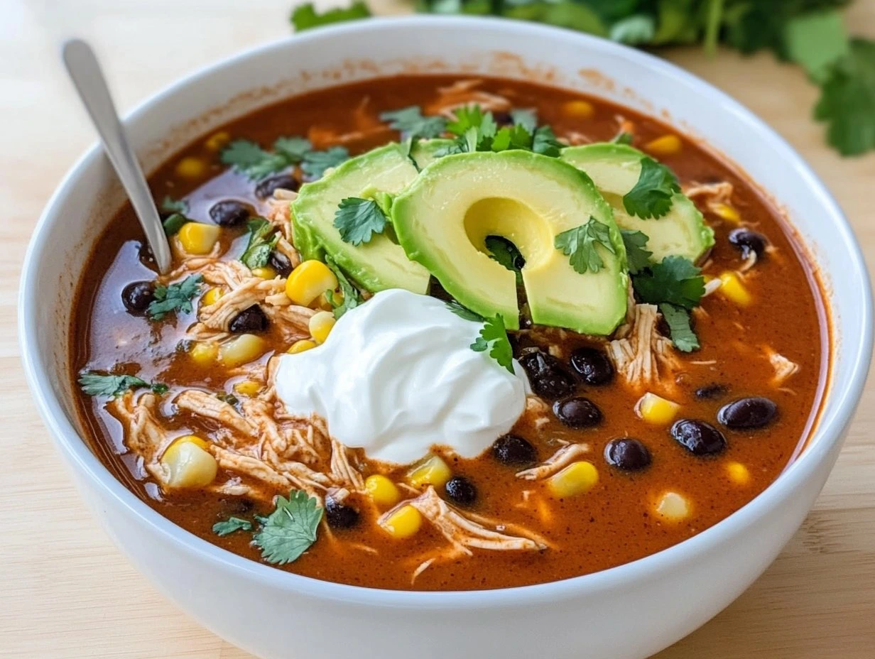 Perfectly cooked Easy Chicken Enchilada Soup served and ready to eat - final result