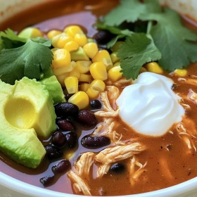 Close-up of Easy Chicken Enchilada Soup showing texture, layers, and glossy finish