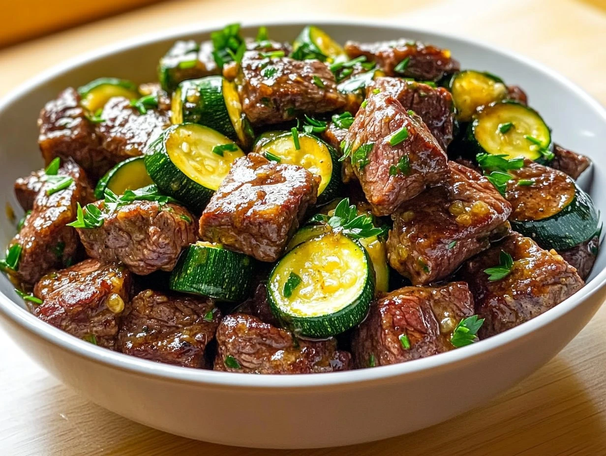 Perfectly cooked Garlic Butter Steak and Zucchini served and ready to eat - final result