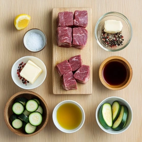 Step-by-step preparation of Garlic Butter Steak and Zucchini showing ingredients and initial cooking steps
