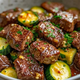 Close-up of Garlic Butter Steak and Zucchini showing texture, layers, and glossy finish