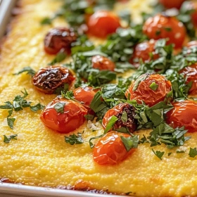 Close-up of Savory Herbed Polenta Bake showing texture, layers, and glossy finish