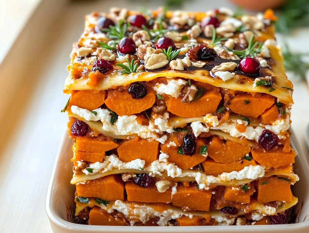 Perfectly cooked Layered Sweet Potato Lasagna served and ready to eat - final result