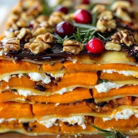 Close-up of Layered Sweet Potato Lasagna showing texture, layers, and glossy finish