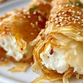 Close-up of Chili Honey Feta Rolls showing texture, layers, and glossy finish